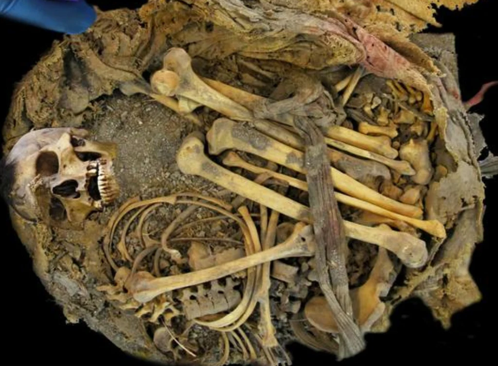 Ludzkie szczątki ułożone zwinięte razem w jednym miejscu, widoczna czaszka i liczne kości długie, otoczone resztkami tkanin.