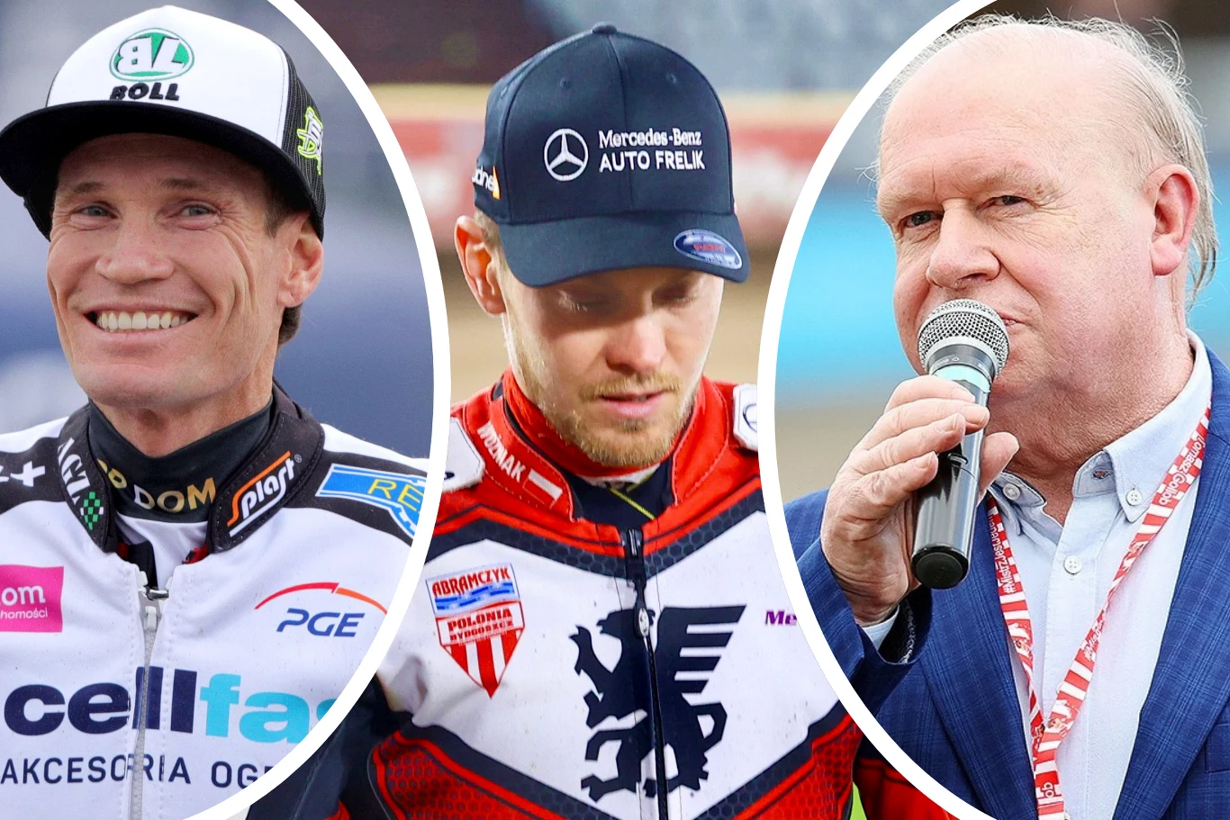 Trójka mężczyzn ujętych w trzech oddzielnych kadrach, dwóch z nich ubranych w sportowe stroje żużlowe z licznymi logotypami sponsorów i klubów, trzeci z mikrofonem podczas oficjalnego wystąpienia.