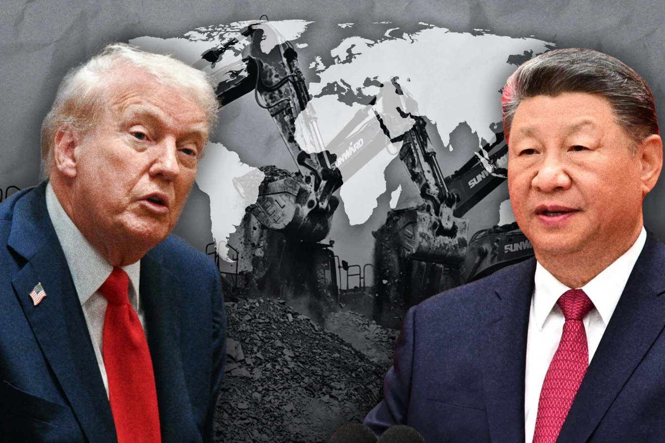 Donald Trump oraz Xi Jinping na tle mapy świata z superponowanymi koparkami wydobywającymi surowce, symbolizującymi globalną rywalizację gospodarczą i wpływy światowych mocarstw.