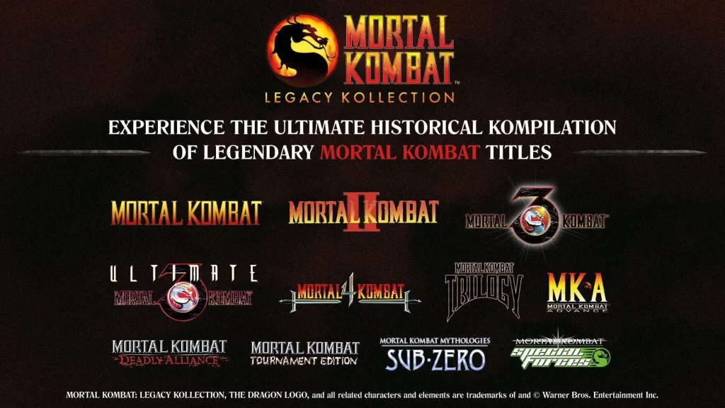 Zestaw logotypów legendarnych tytułów gier Mortal Kombat z różnych lat na czarnym tle, na górze logo Mortal Kombat Legacy Kollection, centralnie zhasło reklamujące kolekcję historycznych gier, na dole oznaczenia firm i noty prawne.