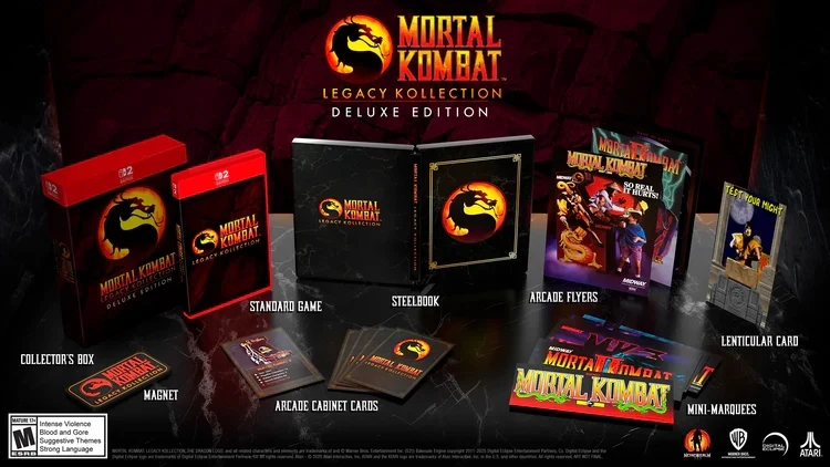 Zestaw kolekcjonerski Mortal Kombat Legacy Collection Deluxe Edition z grą w pudełku, steelbookiem, kartami arcade, ulotkami arcade, kartą lentikularną, miniaturami marquee oraz magnesem, całość utrzymana w charakterystycznej stylistyce serii.