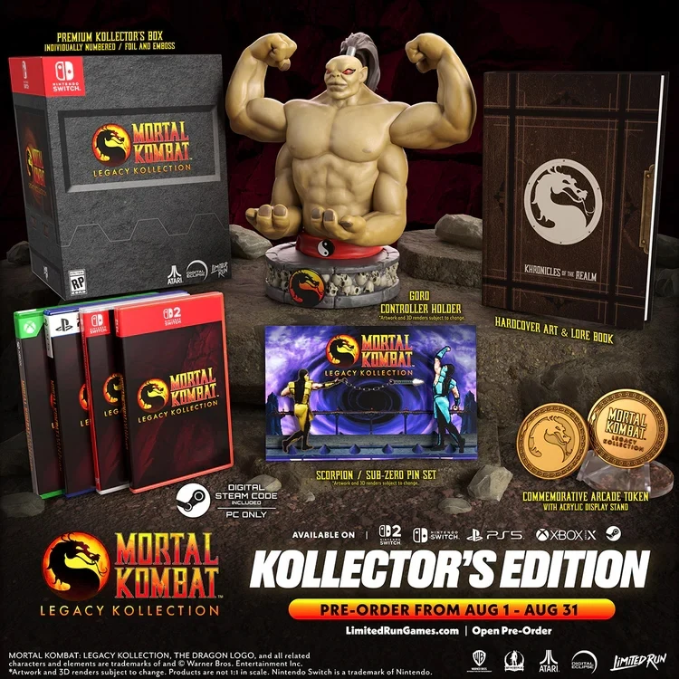 Zestaw kolekcjonerski Mortal Kombat Legacy Kollection zawierający figurkę postaci, książkę z ilustracjami i historią świata, kolekcjonerski bilet, steelbook, opakowania gier oraz zestaw kart i dodatków na tle graficznych motywów gry.