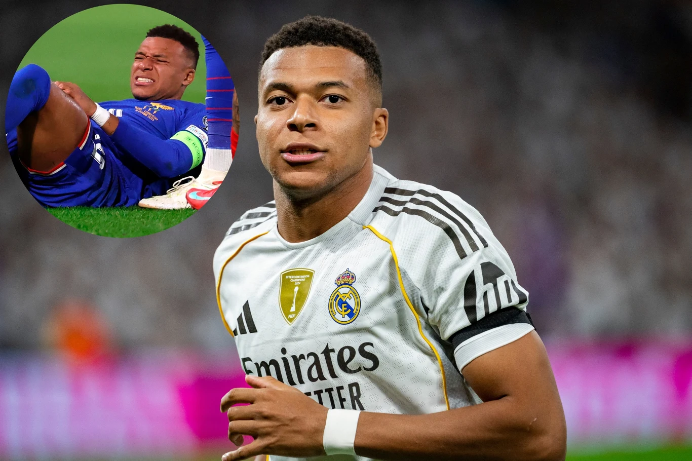 Kylian Mbappe doznał kontuzji podczas meczu Francja - Azerbejdżan Piłkarz w białej koszulce Realu Madryt na pierwszym planie, w tle rozmyte trybuny stadionu, w lewym górnym rogu okrągła wstawka z zawodnikiem leżącym na murawie i trzymającym się za nogę z wyrazem bólu na twarzy.