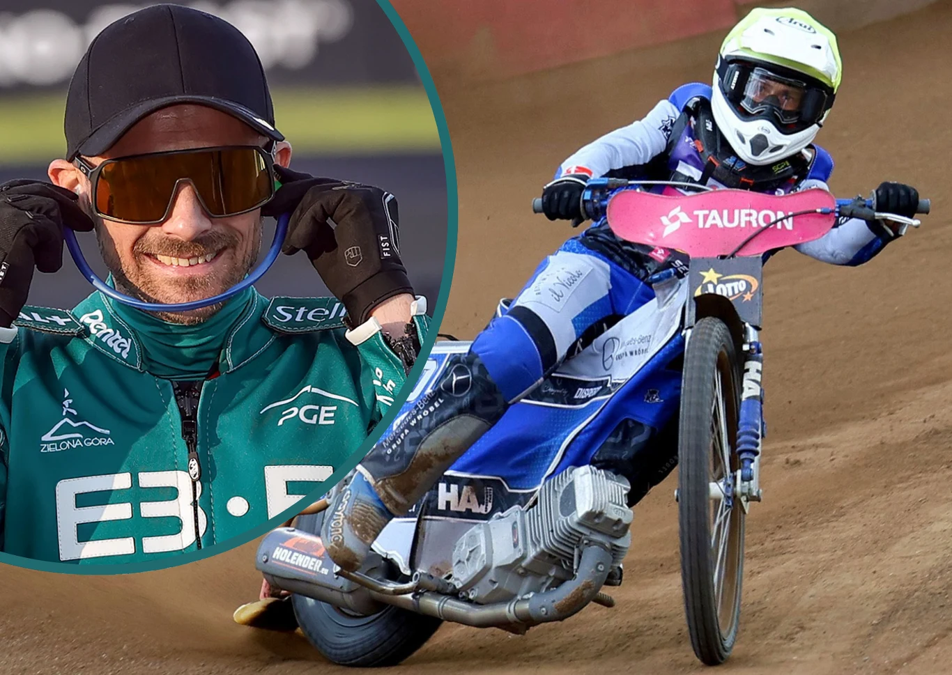 Żużlowiec w pełnym stroju ochronnym pokonuje łuk na torze z widocznym logo sponsora na motocyklu, obok zamieszczono portret uśmiechniętego mężczyzny w zielonym kombinezonie i czapce, zakładającego okulary przeciwsłoneczne.