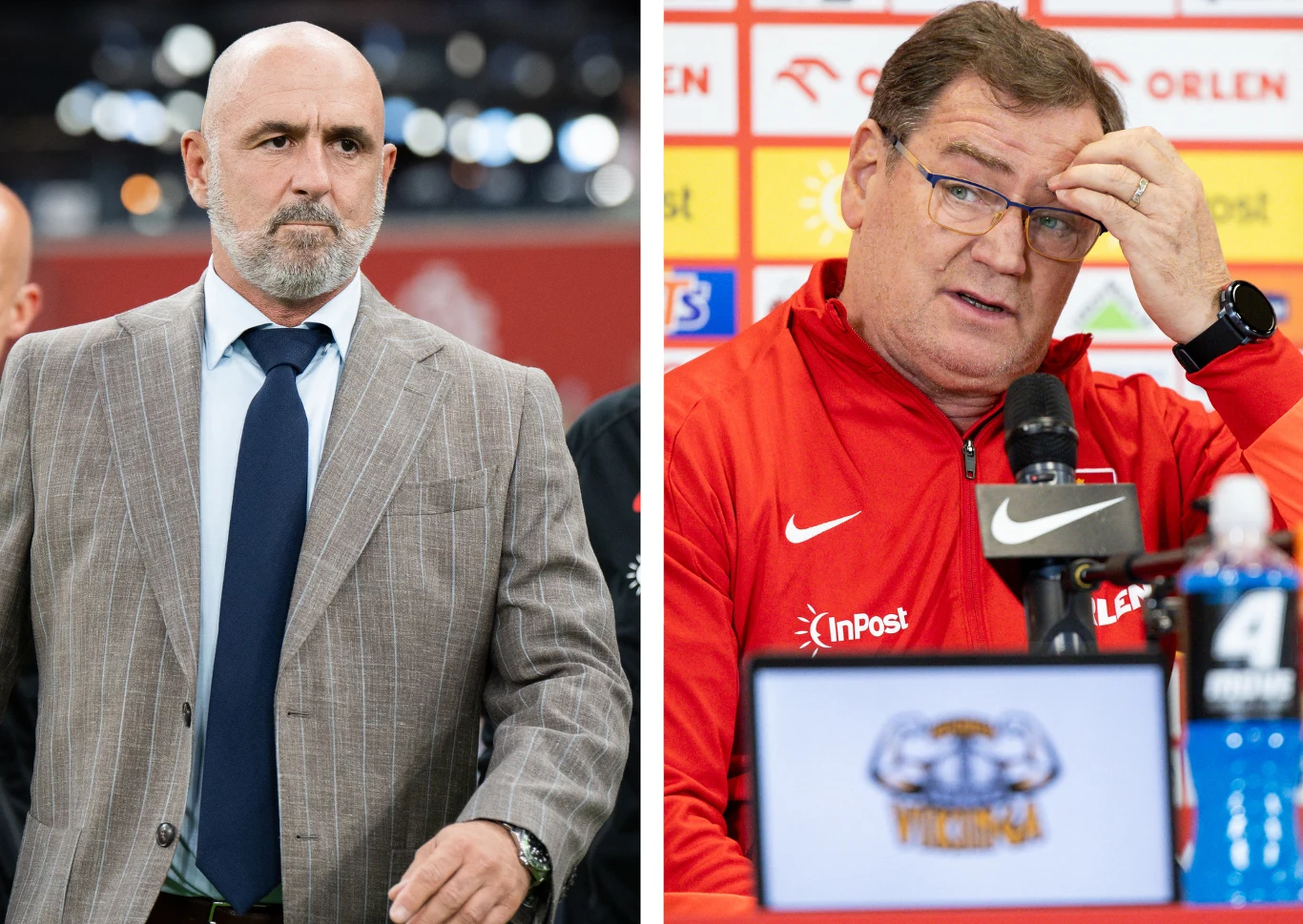 Michał Probierz i Jan Urban Dwóch mężczyzn w średnim wieku, jeden w garniturze z poważnym wyrazem twarzy, drugi w czerwonej sportowej kurtce z logo, siedzący za mikrofonem i poprawiający okulary podczas konferencji prasowej, tło w barwach sponsora.