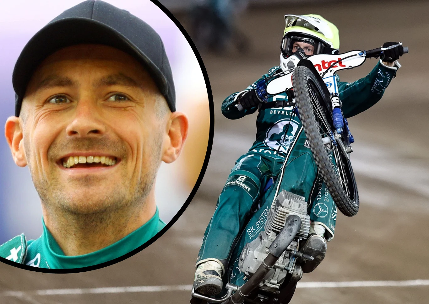 Leon Madsen jest zachwycony pobytem w Stelmecie Falubazie Zielona Góra Zbliżenie uśmiechniętego motocyklisty w kasku oraz dynamiczna scena żużlowca wykonującego efektowny manewr na motocyklu podczas wyścigu na torze.