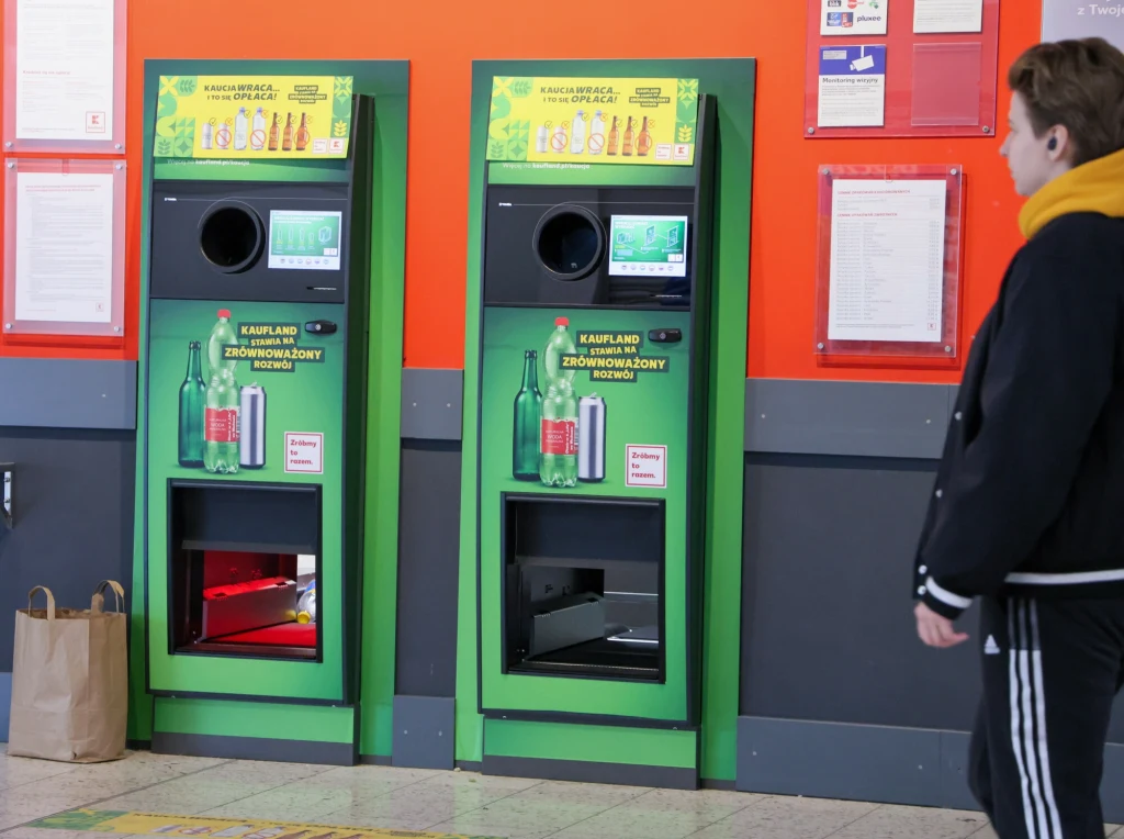 Dwa automaty do recyklingu butelek i puszek w sklepie, obok których stoi osoba z torbą papierową, otoczone tablicami informacyjnymi na pomarańczowej ścianie.