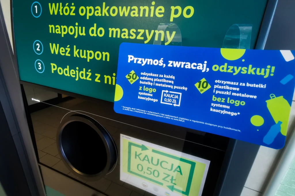 System kaucyjny ma pozwolić osiągnąć w Polsce poziom ich zbiórki na poziomie przekraczającym 90 proc. Automat recyklingowy do zwrotu opakowań po napojach z widoczną instrukcją obsługi oraz informacją o systemie kaucji 0,50 zł za każdą oddaną butelkę lub puszkę bez logo systemu kaucyjnego.