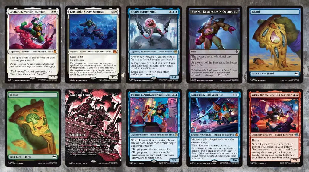 Magic the Gathering Dziesięć ilustracji kart z gry karcianej Magic: the Gathering, każda z unikalną grafiką przedstawiającą fantastyczne postaci, krajobrazy lub abstrakcyjne sceny w stylu komiksowym; dominują żywe kolory, postacie fantastyczne i elementy science fiction