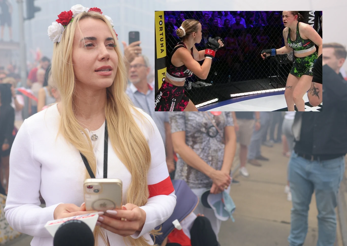Kobieta w białej bluzce z czerwonym akcentem na ramieniu oraz białym wieńcem na głowie stoi pośród tłumu osób; trzyma w dłoniach smartfon oraz mikrofon, w tle zamazany tłum, w prawym górnym rogu widoczne wstawione małe zdjęcie z walki sportowej dwóch k...