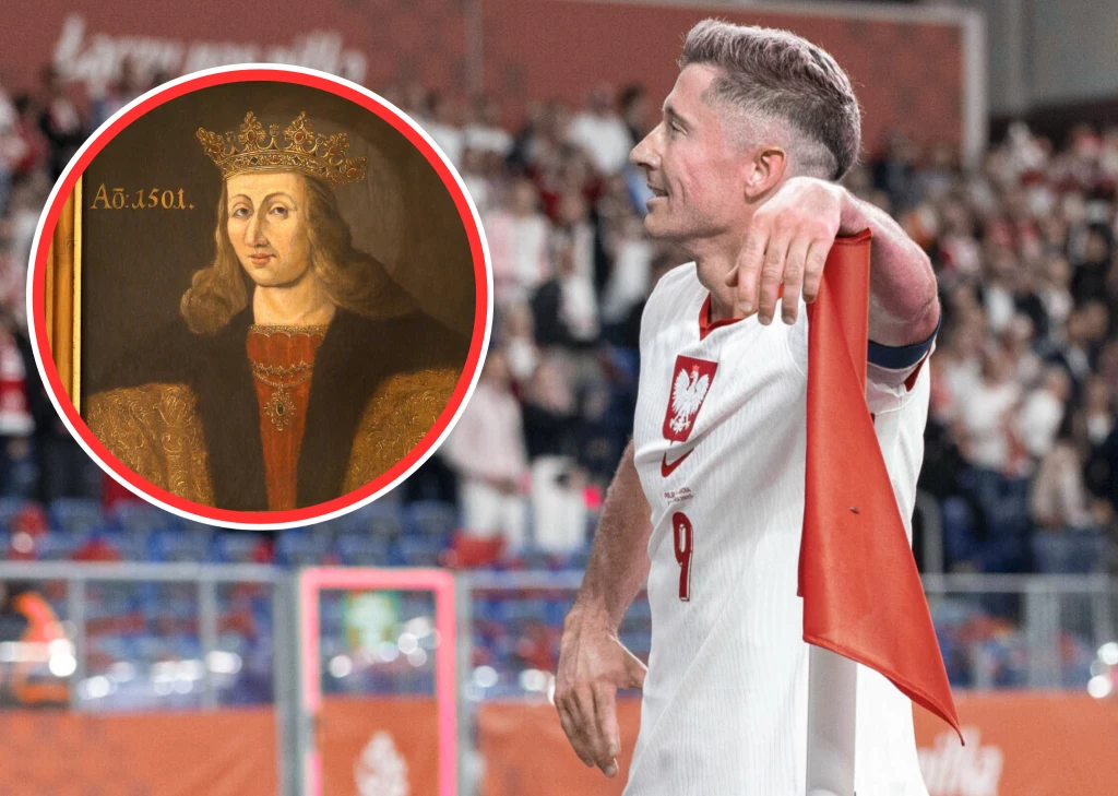 Na zdjęciu kapitan reprezentacji Polski Robert Lewandowski, a obok portret króla Aleksandra Jagiellończyka