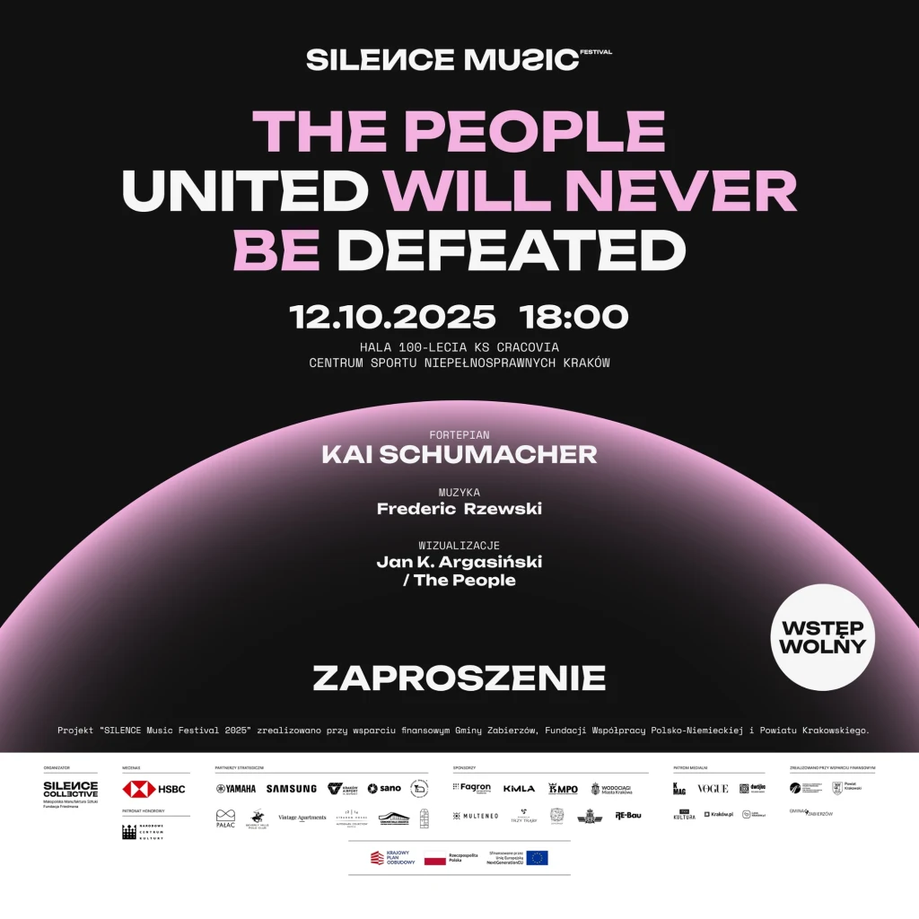 SILENCE Music Festival zaprasza! Plakat promujący koncert pod tytułem The People United Will Never Be Defeated, informujący o dacie, lokalizacji i wykonawcach wydarzenia, z wyraźnym napisem zaproszenie oraz informacją o bezpłatnym wstępie.