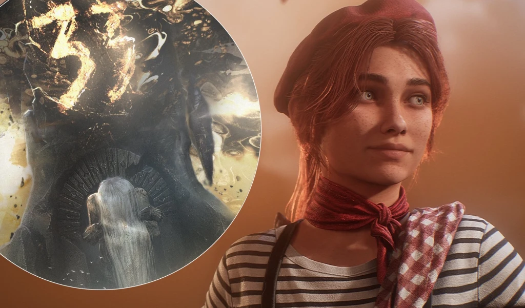 Młoda kobieta z rudymi włosami ubrana w pasiastą koszulkę i czerwoną chustę na szyi stoi w ciepłym świetle, w tle widoczne jest artystyczne przedstawienie liczby 33 oraz ciemna postać ze złożonymi dłońmi.