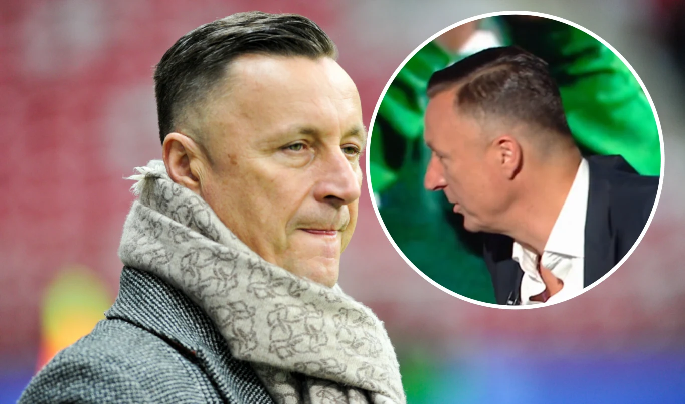 Tomasz Hajto Mężczyzna z krótkimi, zaczesanymi włosami, ubrany w szary płaszcz i szalik, skupiony wyraz twarzy, w tle stadion. W prawym górnym rogu powiększone kółko prezentujące profil tej samej osoby w garniturze podczas telewizyjnego wystąpienia.