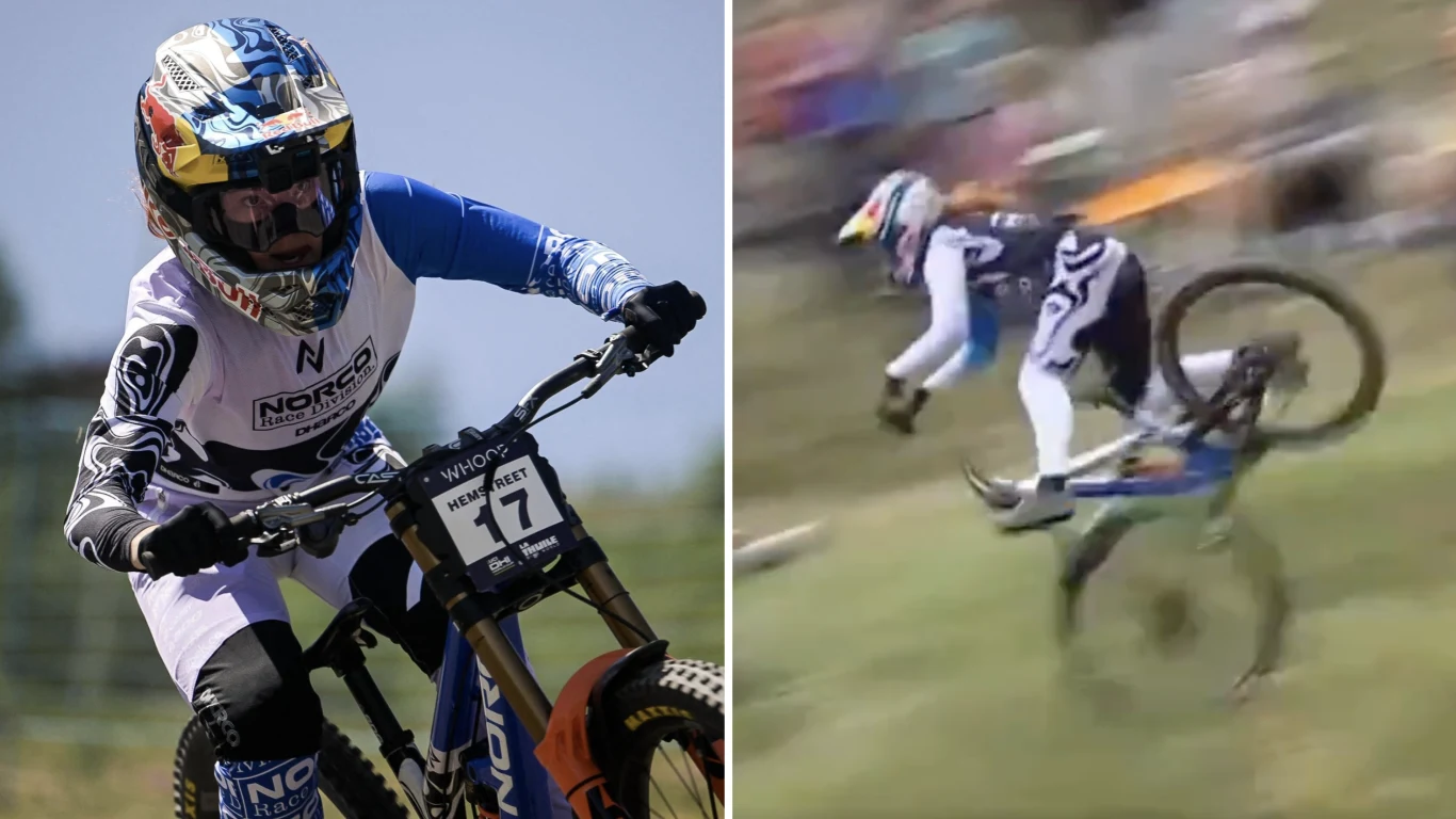 Gracey Hemstreet zaliczyła groźnie wyglądający upadek w finale Pucharu Świata Zawodnik podczas wyścigu na rowerze górskim, ubrany w strój ochronny i kask, w dynamicznej akcji; po lewej stronie pewnie jadący kolarz, po prawej upadek z roweru podczas zawodów.