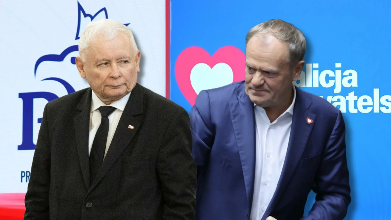 Jarosław Kaczyński oraz Donald Tusk Dwóch starszych mężczyzn w formalnych ubraniach stoi na tle kontrastujących logotypów polskich partii politycznych, jeden ubrany na czarno, drugi w niebieskim garniturze, obaj poważni.