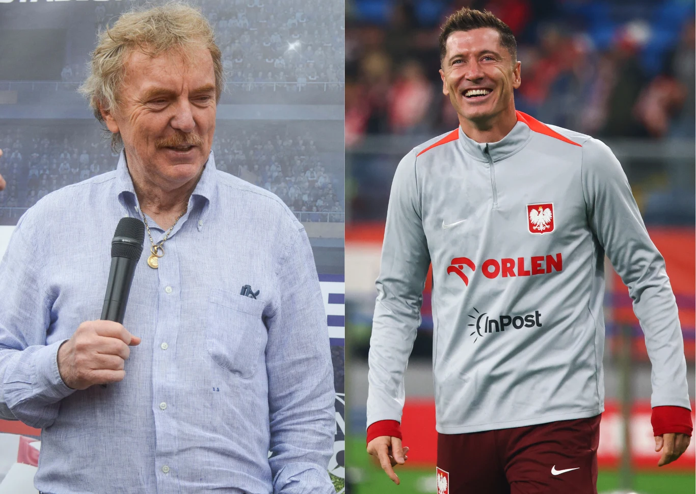 Zbigniew Boniek (L) i Robert Lewandowski (P) Po lewej stronie kadru starszy mężczyzna z mikrofonem ubrany w jasnoniebieską koszulę, po prawej stronie sportowiec w stroju treningowym reprezentacji Polski z widocznymi logotypami sponsorów i szerokim uśmiechem na twarzy, tło stadionowe.