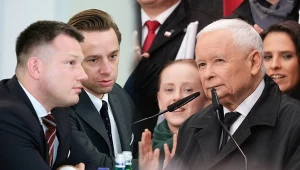 Liderzy Konfederacji: Sławomir Mentzen i Krzysztof Bosak oraz prezes PiS Jarosław Kaczyński