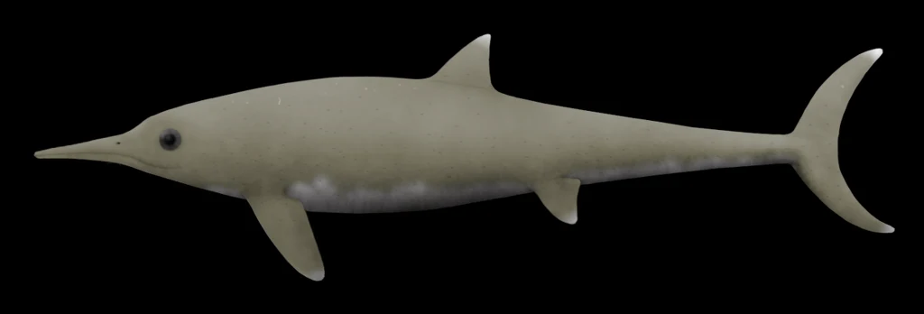Model prehistorycznego morskiego gada o opływowym ciele, długim pysku i dużych płetwach, umieszczony na czarnym tle.