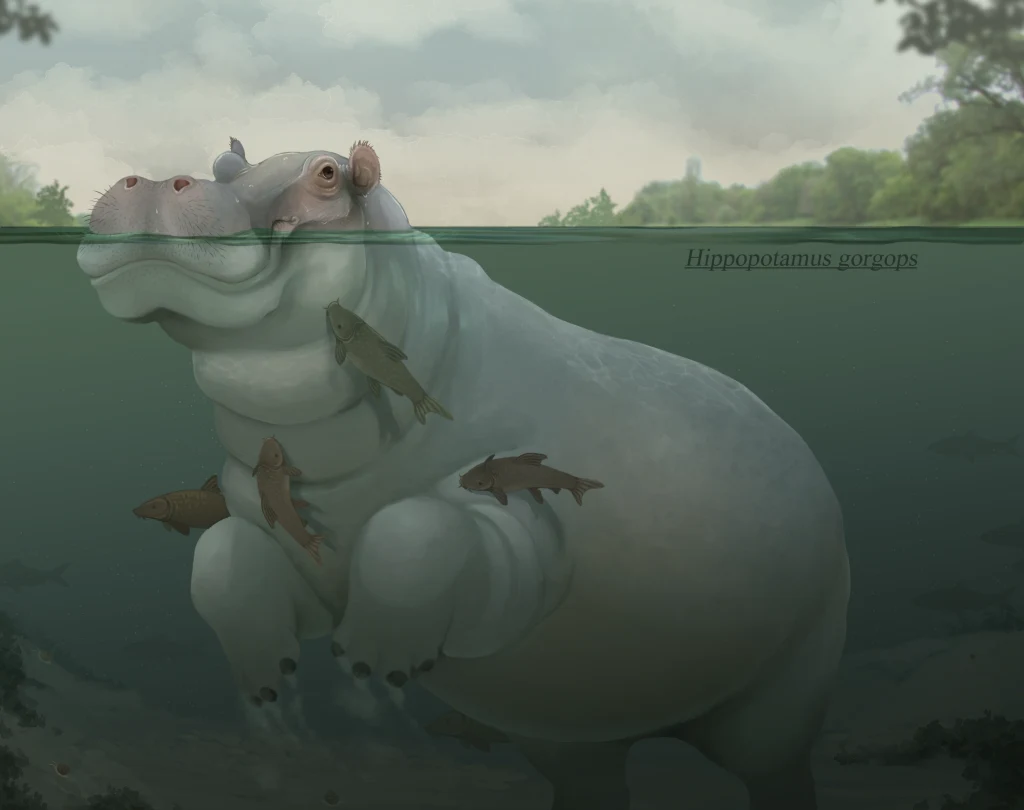 Hippopotamus gorgops w wodach europejskich ponad pół miliona lat temu Duży prehistoryczny hipopotam półzanurzony w wodzie, otoczony przez kilka ryb, w tle roślinność przybrzeżna oraz rozmyte drzewa po drugiej stronie zbiornika wodnego.