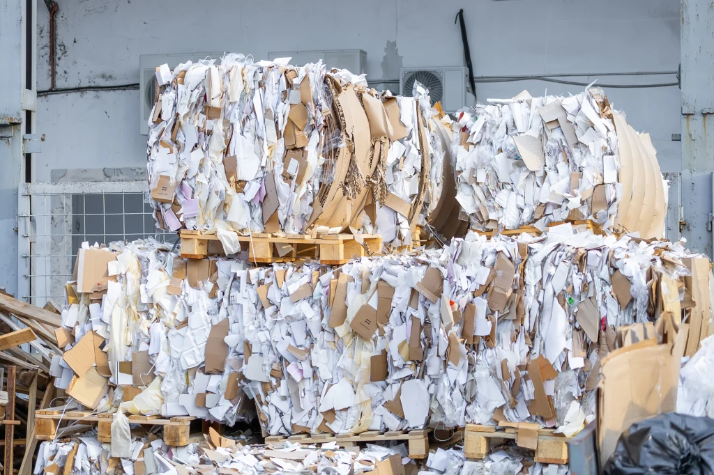 To, co wrzucamy do niebieskich pojemników ma duże znaczenie dla procesu recyklingu Stosy sprasowanego papieru i kartonów umieszczone na paletach, przygotowane do recyklingu, ustawione na tle industrialnej ściany.