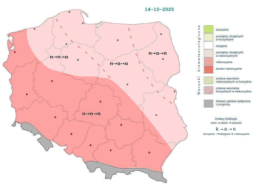 Mapa Polski z podziałem na regiony i oznaczeniem biometeorologicznych warunków wpływających na stan zdrowia ludzi w różnych częściach kraju, z użyciem różnych odcieni kolorów czerwieni i zieleni oraz ikon i symboli wskazujących, które tereny są korzyst...