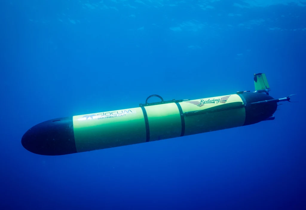 Podwodny robot "Redwing" Autonomiczny pojazd podwodny w kształcie torpedy o żółto-czarnym korpusie, unoszący się w głębi niebieskiej wody, z widocznym napisem na burcie i elementami hydrodynamicznymi przy ogonie.