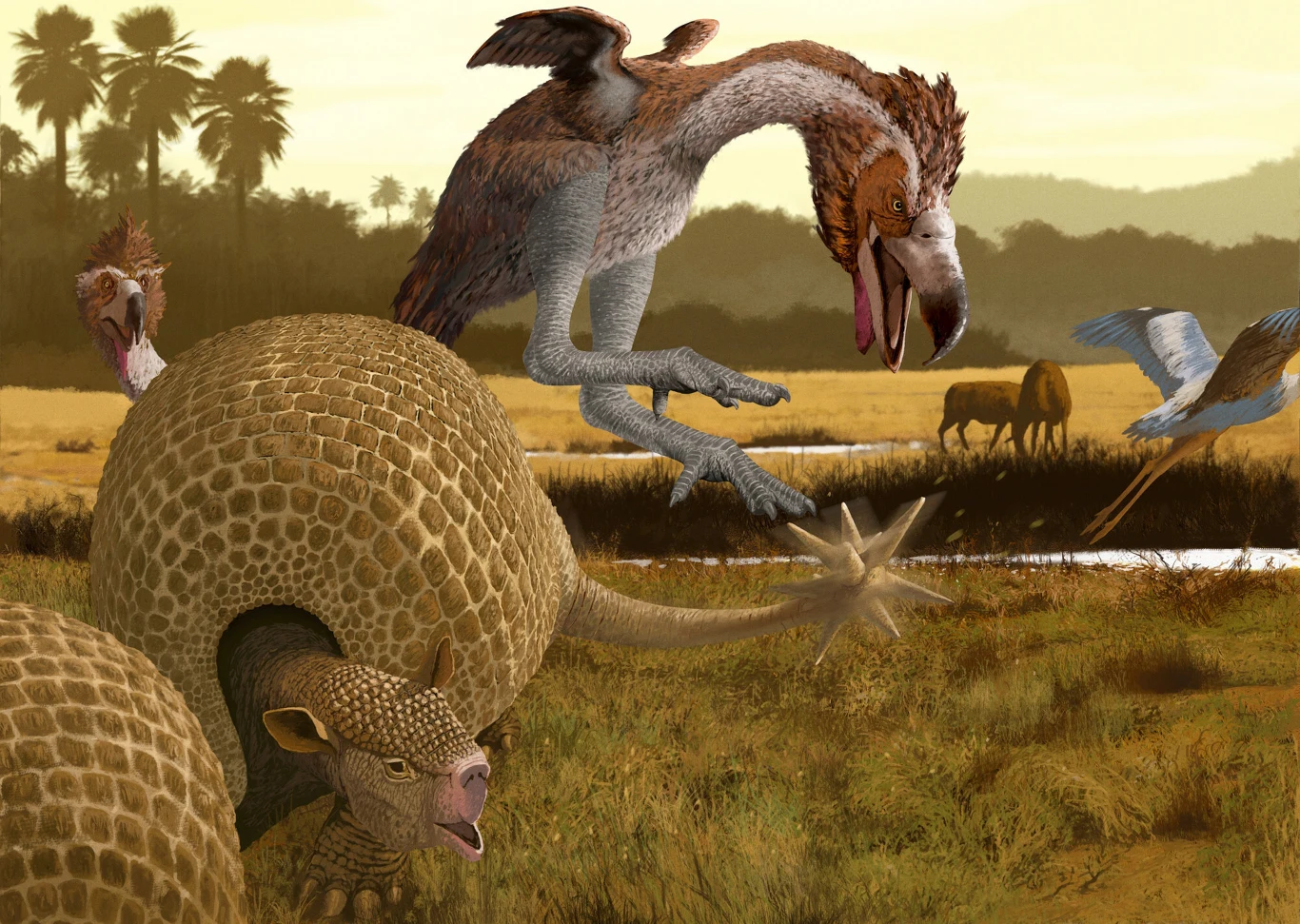 Ilustracja ukazuje scenę z ery prehistorycznej, gdzie duży pancerny ssak broni się przed atakiem masywnego nielotnego ptaka z ostrym dziobem i pazurami. W tle widoczne są inne wymarłe zwierzęta pasące się na sawannie oraz egzotyczna roślinność.