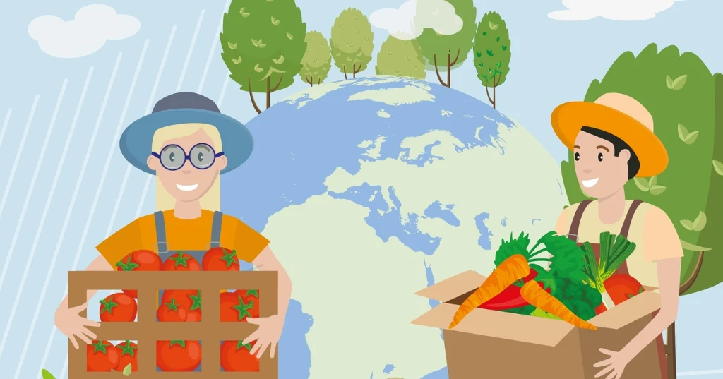 Federacja Polskich Banków Żywności Dwóch uśmiechniętych rolników trzyma skrzynki pełne świeżych warzyw i owoców na tle kuli ziemskiej i drzew.