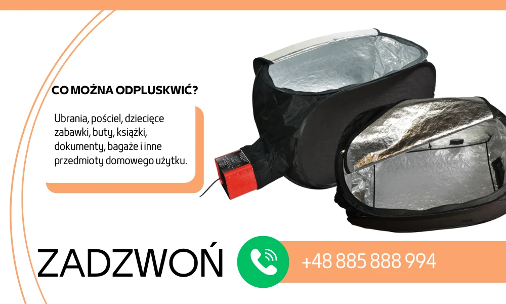 Torba termoizolacyjna otwarta, z widoczną warstwą ochronną oraz urządzeniem do odpluskwiania, po lewej stronie tekst informacyjny dotyczący możliwości odpluskwiania ubrań, pościeli, zabawek, butów, książek, dokumentów oraz bagażu, na dole wyróżniony nu...