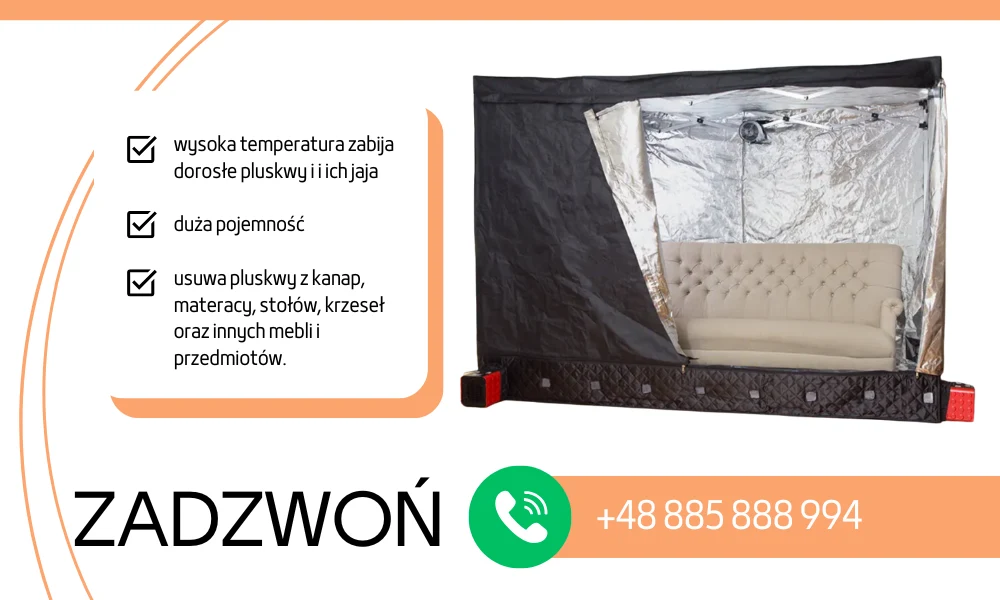 Izolowana komora grzewcza z przezroczystą folią, w środku umieszczona jasna sofa, po lewej stronie szczegółowy opis możliwości usunięcia pluskiew z różnych mebli, na dole zachęta do kontaktu telefonicznego.