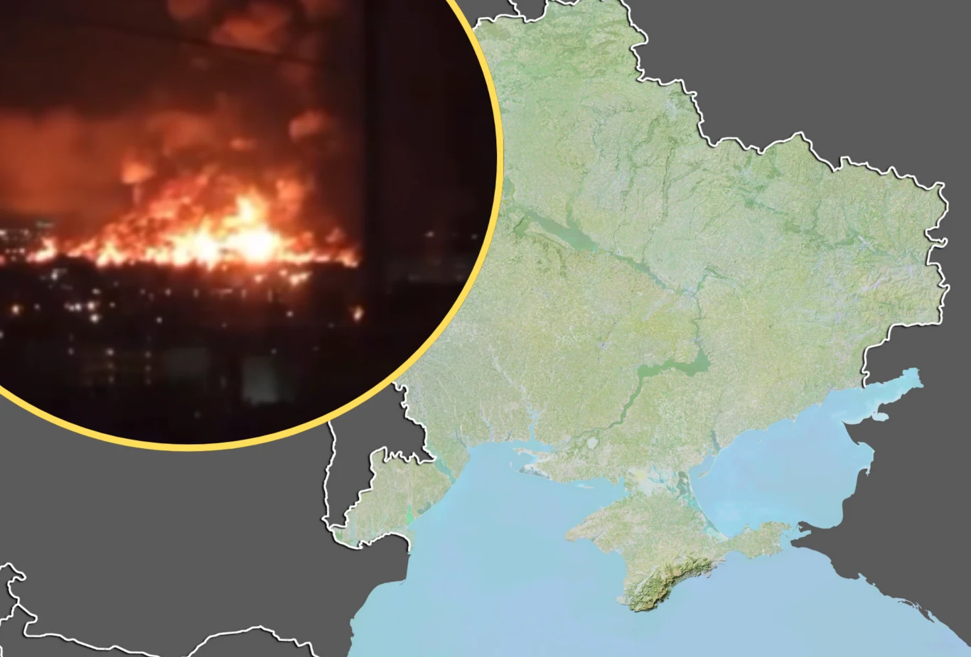 Ukraina atakuje rafinerie na okupowanym przez Rosję Krymie. W regionie pojawił się problem z dostępnością benzyny Mapa Ukrainy połączona z nocnym widokiem dużego pożaru, rozświetlonego na tle ciemnego miasta, sugerując sytuację kryzysową lub katastrofalną.