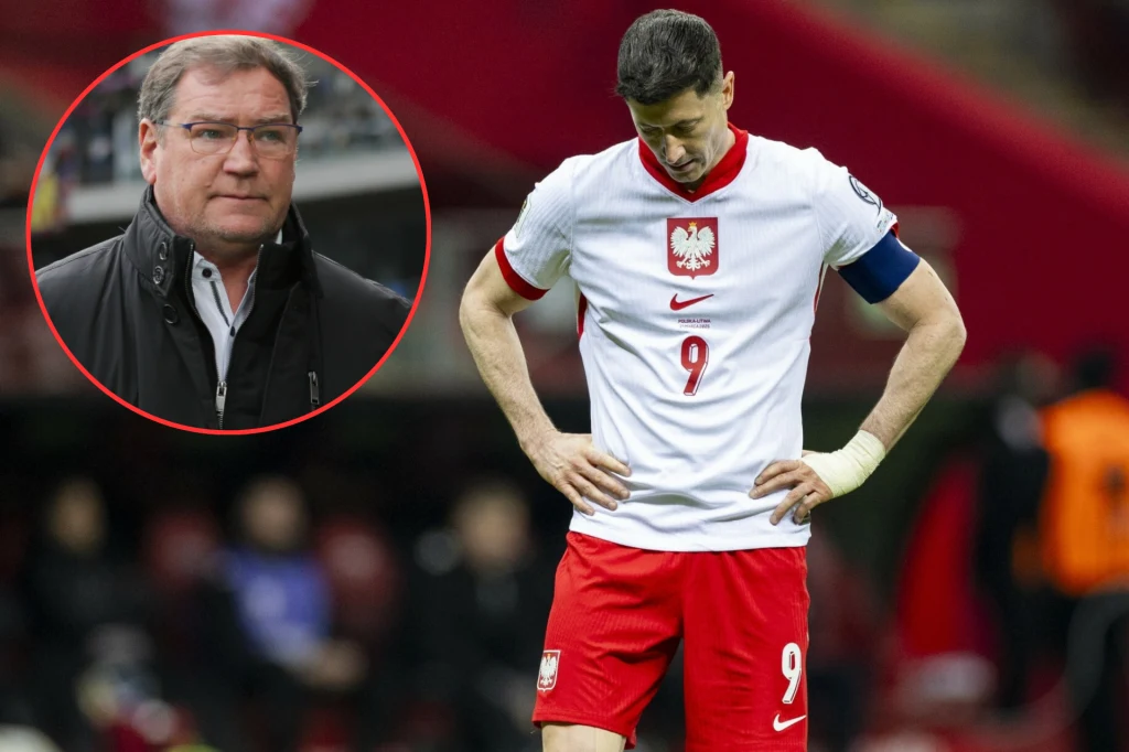 Robert Lewandowski i Jan Urban Piłkarz w reprezentacyjnym stroju Polski z numerem 9 stoi na boisku ze spuszczoną głową, wyrażając rozczarowanie lub smutek. W lewym górnym rogu widoczna jest twarz starszego mężczyzny w okularach, umieszczona w okręgu, co sugeruje powiązanie między ty...