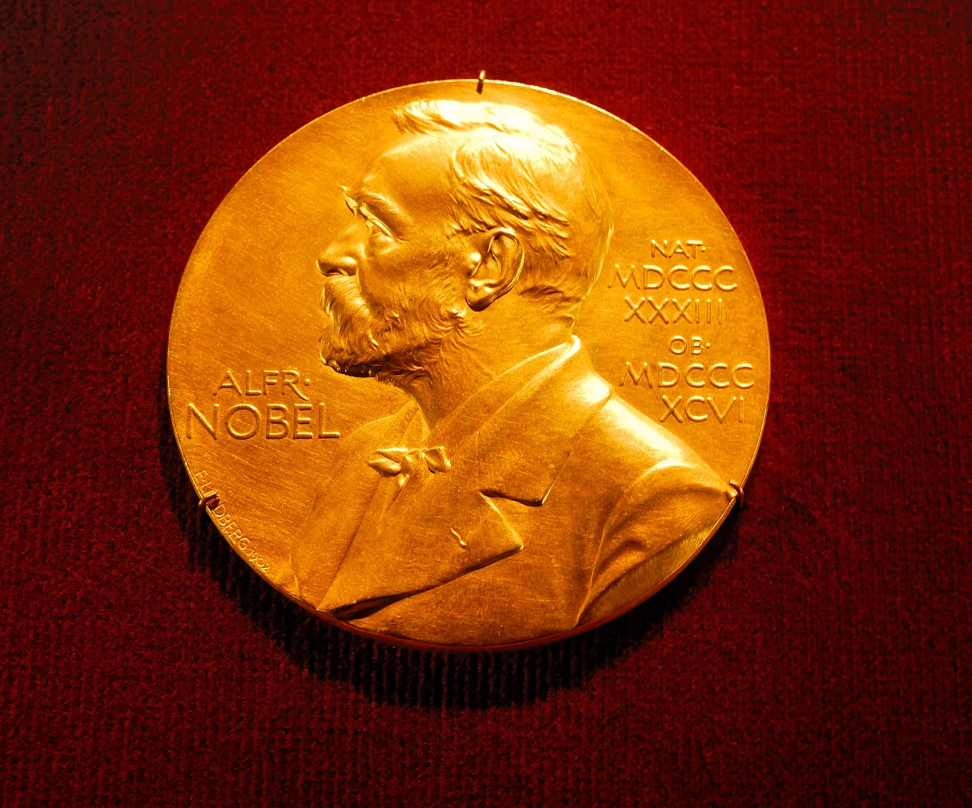 Nagroda Nobla z ekonomii za coś, co jest zrozumiałe dla normalnego człowieka Złoty medal z podobizną Alfreda Nobla umieszczony na czerwonym tle, z widocznym grawerem imienia oraz datami po prawej stronie medalu.