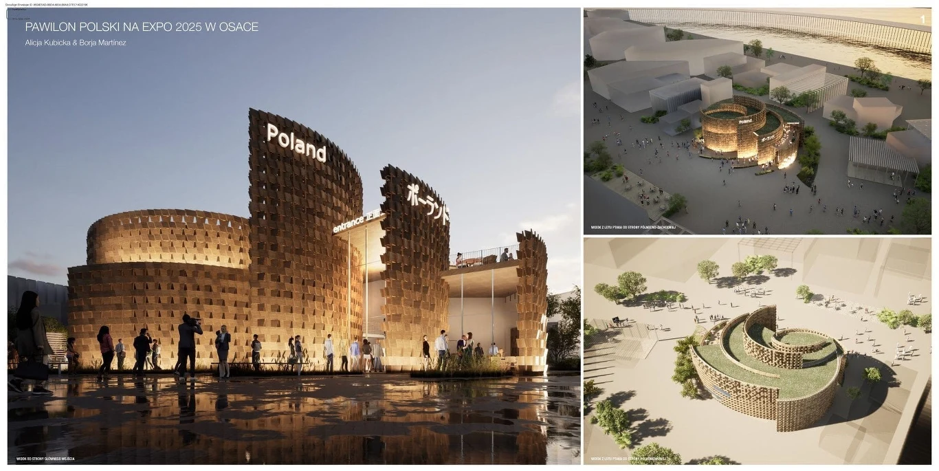 Milion ludzi i trzy nagrody! Polski pawilon zachwycił Japonię - projekt Nowoczesny pawilon Polski zaprojektowany na Expo 2025 w Osace, z charakterystyczną drewnianą fasadą oraz widocznymi napisami Poland, otoczony przez ludzi i prezentowany z kilku perspektyw, w tym z lotu ptaka.
