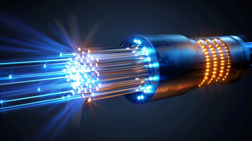 Wielokolorowy kabel światłowodowy z jasno niebieskimi światłami wypromieniowującymi z jego końców, ukazany na ciemnym tle, z detalami struktury włókien oraz błyszczącymi punktami świetlnymi.