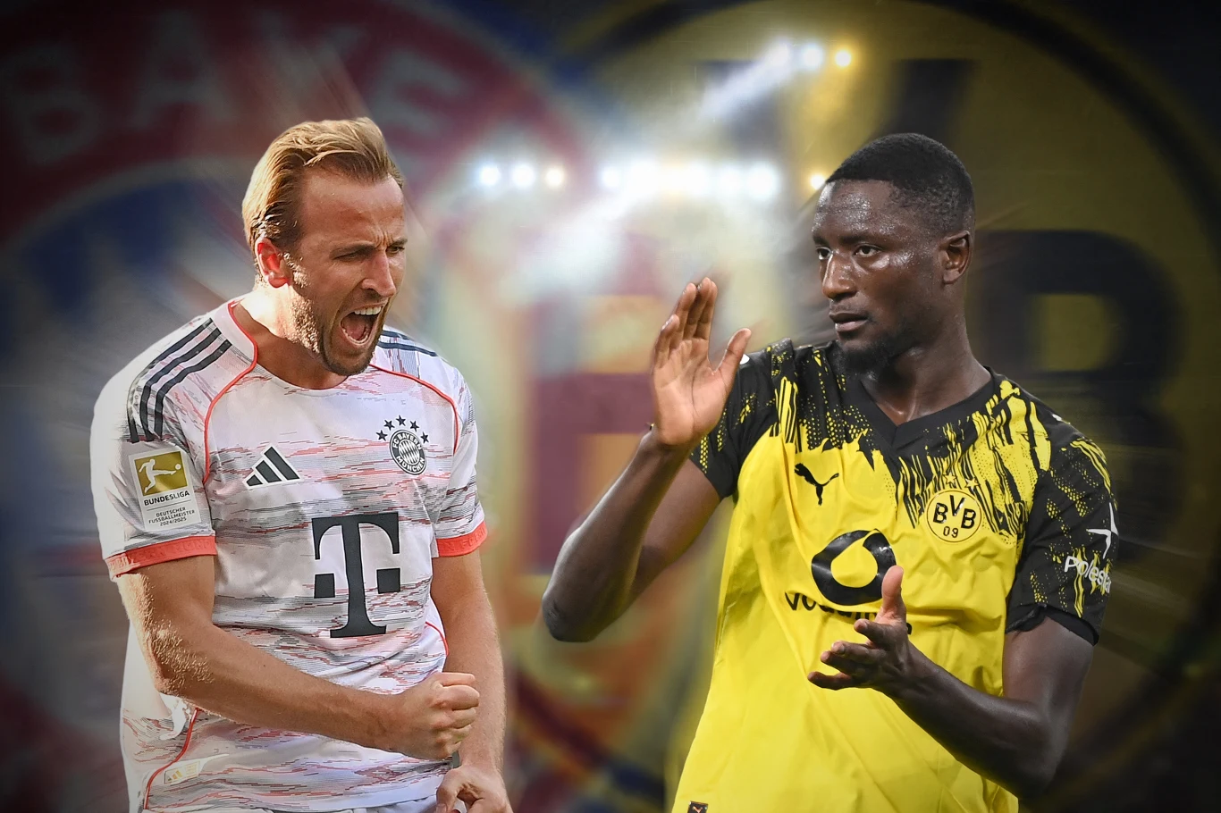 Dwóch piłkarzy w trakcie dynamicznej interakcji, jeden w stroju Bayernu Monachium wyraża emocje zaciskając pięść, drugi w stroju Borussii Dortmund gestykuluje, w tle rozmyte logotypy obu drużyn.