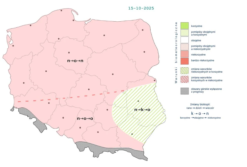 Przez większość środy pogoda będzie niekorzystnie wpływać na nasz organizm Mapa Polski z oznaczeniami stref biometeorologicznych na dzień 15-10-2025, kolory wyznaczają różne warunki biometeo, część kraju zaznaczona jest delikatnie różowym kolorem, fragment południowo-wschodni zielonymi liniami, legenda z objaśnieniami symboli...