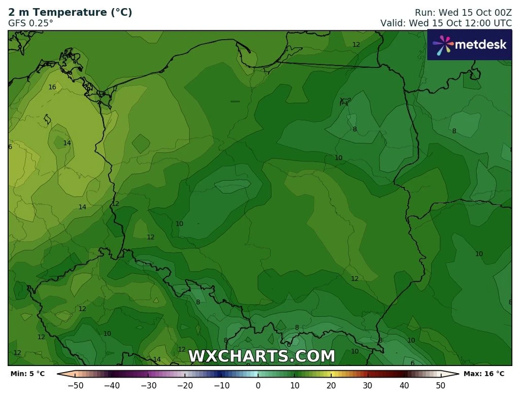 Środa będzie chłodna w całym kraju. Jedynie nad morzem będzie można liczyć na około 14 stopni Mapa temperatur powietrza na wysokości 2 metrów nad Polską z naniesionymi wartościami temperatur w stopniach Celsjusza, prezentująca zróżnicowanie termiczne w różnych regionach kraju.