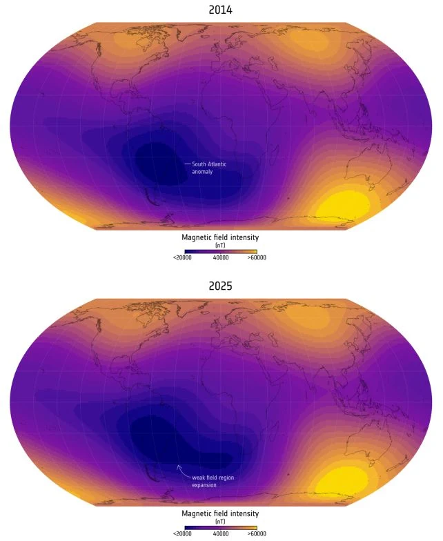 Anomalia Południowoatlantycka ulega zmianom. Wykazały to satelity ESA z misji Swarm. Dwa globusy w ujęciu mapy cieplnej przedstawiające intensywność ziemskiego pola magnetycznego w latach 2014 i 2025, z wyraźnie oznaczonym osłabieniem pola w regionie południowoatlantyckim, kolory od fioletowego wskazujące niski poziom intensywności do ...