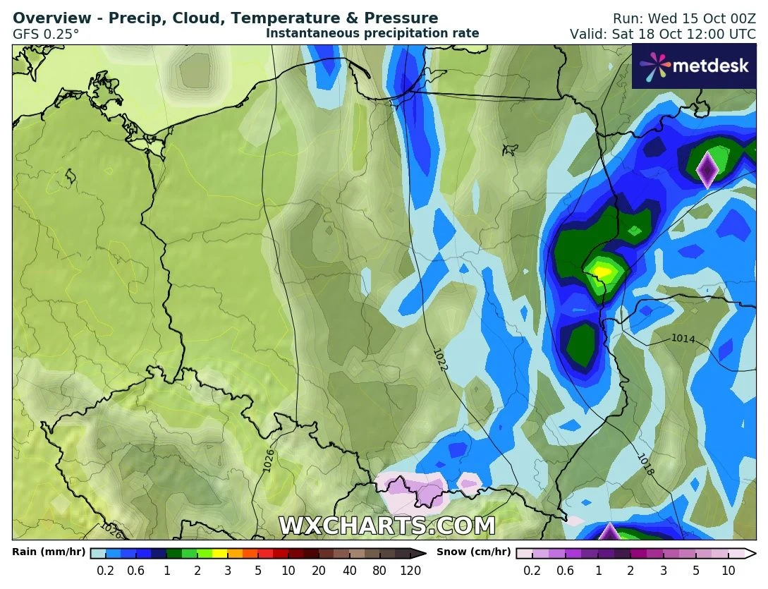 W sobotę na terenach podgórskich na Podhalu może spaść więcej deszczu ze śniegiem Mapa Polski i części sąsiednich krajów z kolorystycznym oznaczeniem prognozowanych opadów deszczu i śniegu na określony dzień, z największymi opadami w północno-wschodniej części kraju.