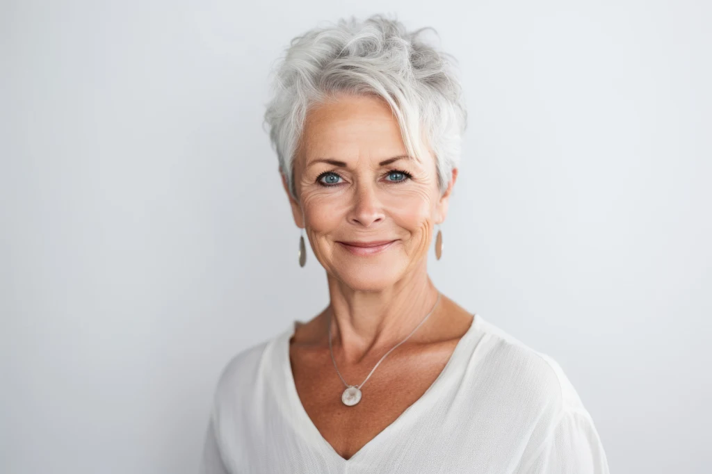 Starsza kobieta o siwych włosach, uśmiechnięta, ubrana w białą bluzkę i nosząca biżuterię, stoi na jasnym tle.