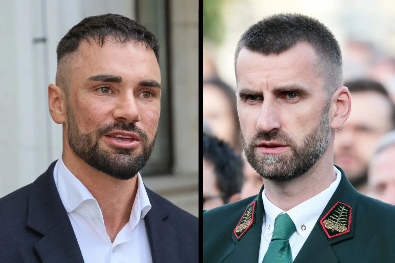 Poseł Łukasz Litewka krytykuje współpracę Marcina Możdżonka z dealerem marki Ford Dwie męskie twarze zestawione obok siebie, pierwszy mężczyzna w eleganckiej marynarce i białej koszuli, drugi w mundurze z zielonym kołnierzem i naszywkami, tło rozmyte z ludźmi.