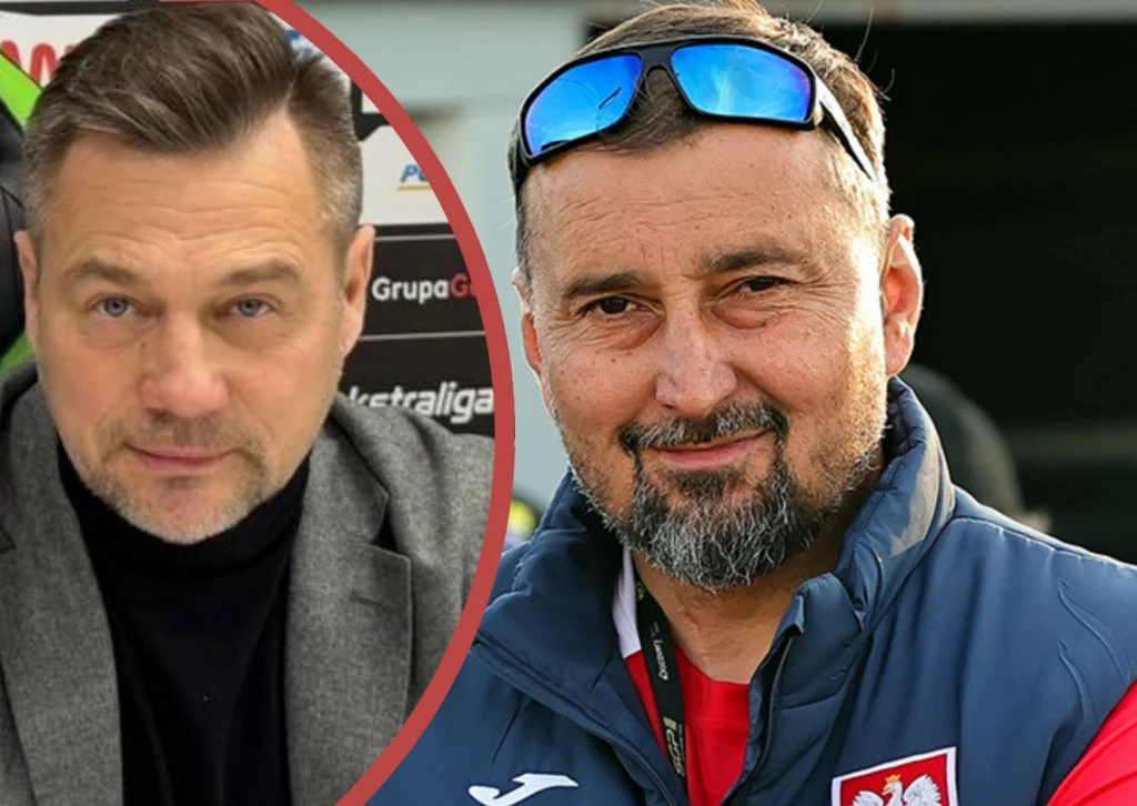 Prezes Adam Goliński i Rafał Dobrucki Dwóch mężczyzn, jeden w szarej marynarce i czarnym golfie patrzy do kamery, drugi ubrany w sportową kurtkę z herbem Polski i czarnymi okularami na głowie, uśmiecha się lekko.