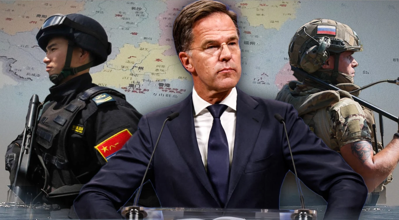 Mark Rutte ostrzega przed konfliktem, w którym Chiny zaatakują w Azji a Rosja w Europie Polityk w garniturze i krawacie stoi na tle żołnierza w mundurze z chińską flagą oraz żołnierza w mundurze z rosyjską flagą, za wszystkimi widoczna jest mapa.