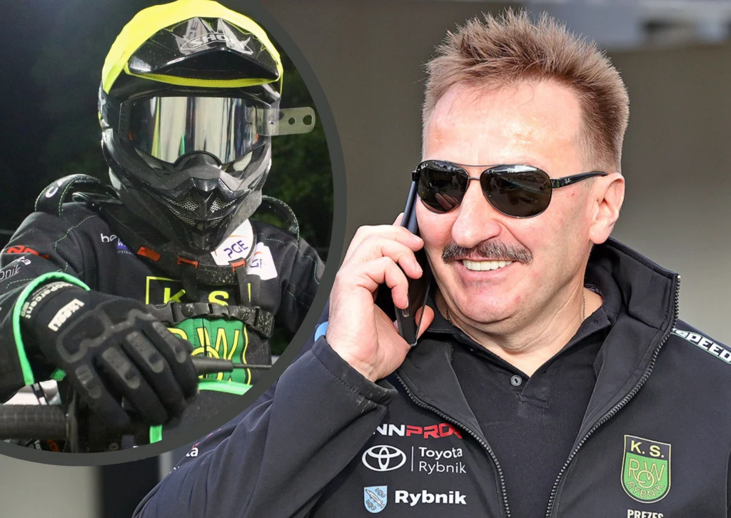 Mężczyzna w okularach przeciwsłonecznych rozmawia przez telefon, obok znajduje się wstawka ze sportowcem w kasku i stroju wyścigowym z logotypem K.S. ROW Rybnik.