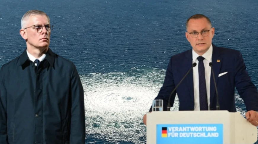 Szef BBN Sławomir Cenckiewicz odpowiedział liderowi AfD Tino Chrupalle w sprawie Wołodymyra Z. podejrzewanego o udział w wysadzeniu Nord Stream Dwóch mężczyzn w garniturach, jeden stoi po lewej stronie, drugi przemawia przy mównicy z napisem odpowiedzialność za Niemcy, w tle rozległa tafla wody z dużą wirującą plamą, sugerującą incydent na morzu.