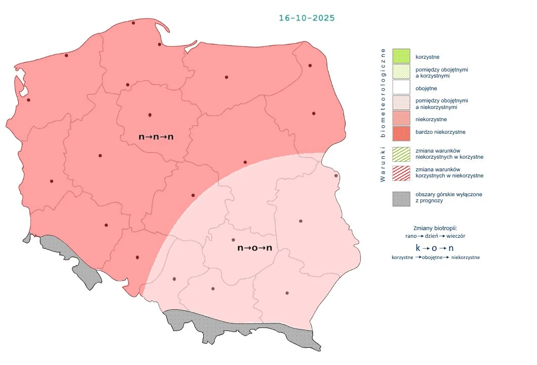 Mapa Polski z zaznaczonymi obszarami różniących się warunków biometeorologicznych na dzień 16-10-2025, kolory prezentują stopień korzystności, a legenda po prawej stronie wyjaśnia oznaczenia zastosowane na mapie.
