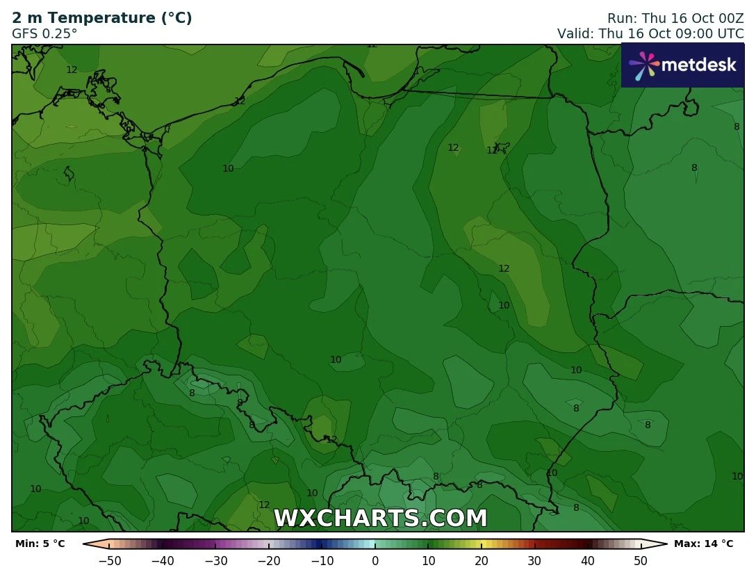Kolorowa mapa Polski pokazująca rozkład temperatury powietrza na wysokości 2 metrów, różne odcienie zieleni wskazują wartości temperatur od 5 do 14 stopni Celsjusza, z wyraźnym podziałem na różne regiony.