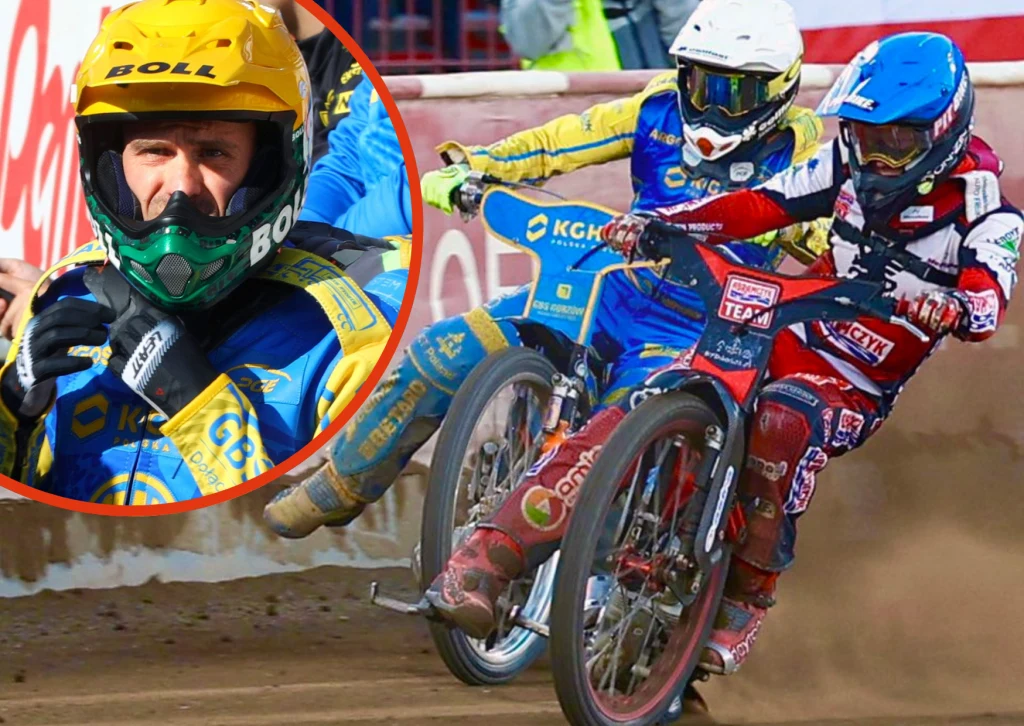 Zawodnicy żużlowi ścigający się na torze, ubrane w charakterystyczne kombinezony i kaski ochronne, na pierwszym planie dynamiczna rywalizacja, a w lewym górnym rogu zbliżenie na twarz jednego z zawodników w kasku.